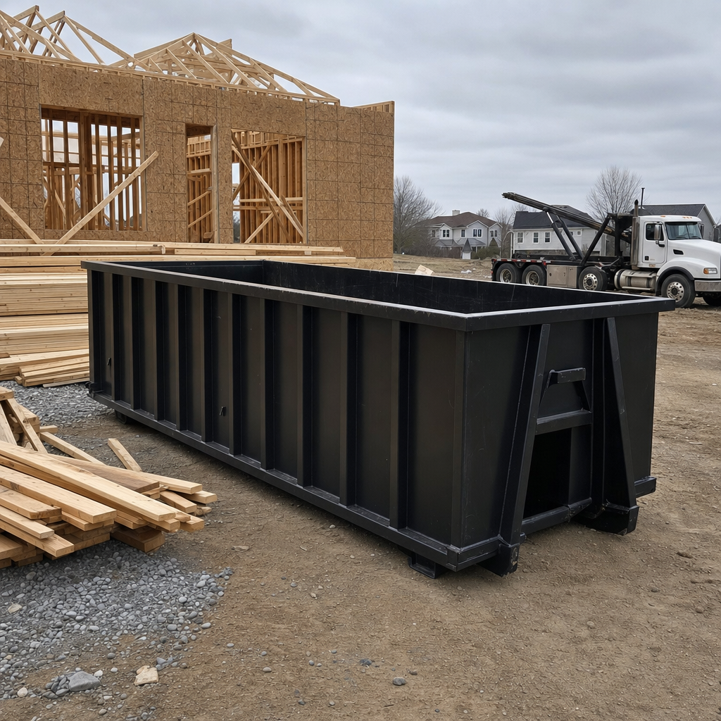 Matte-black 40-yard roll-off dumpster staged on a framed-out residential construction site in Gulfport, framing lumber stacked nearby, hooklift delivery truck visible in the background under bright Colorado daylight