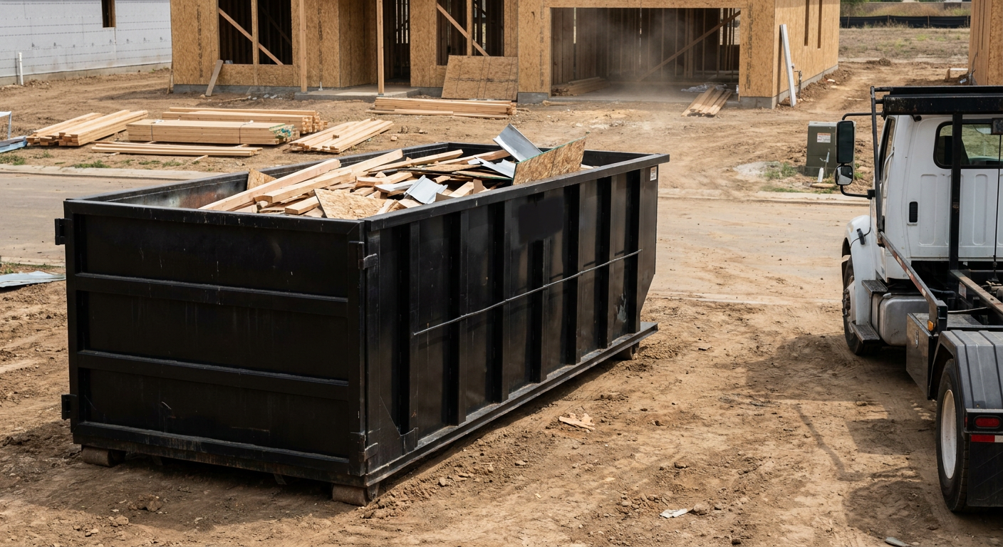 Matte-black 20-yard roll-off construction dumpster with heavy ribbed steel sidewalls and swing rear doors at a working jobsite in Gulfport, sitting directly on compacted dirt with an unmarked white hauler partially visible at the far edge of the frame.