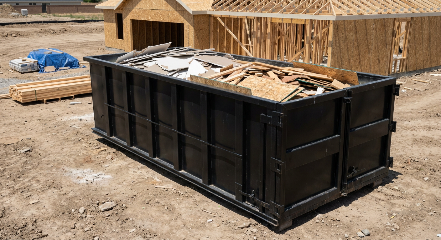 Matte-black 30-yard roll-off construction dumpster sitting directly on the compacted-dirt site of a framed single-family home build in Gulfport, drywall and lumber scrap loaded inside.