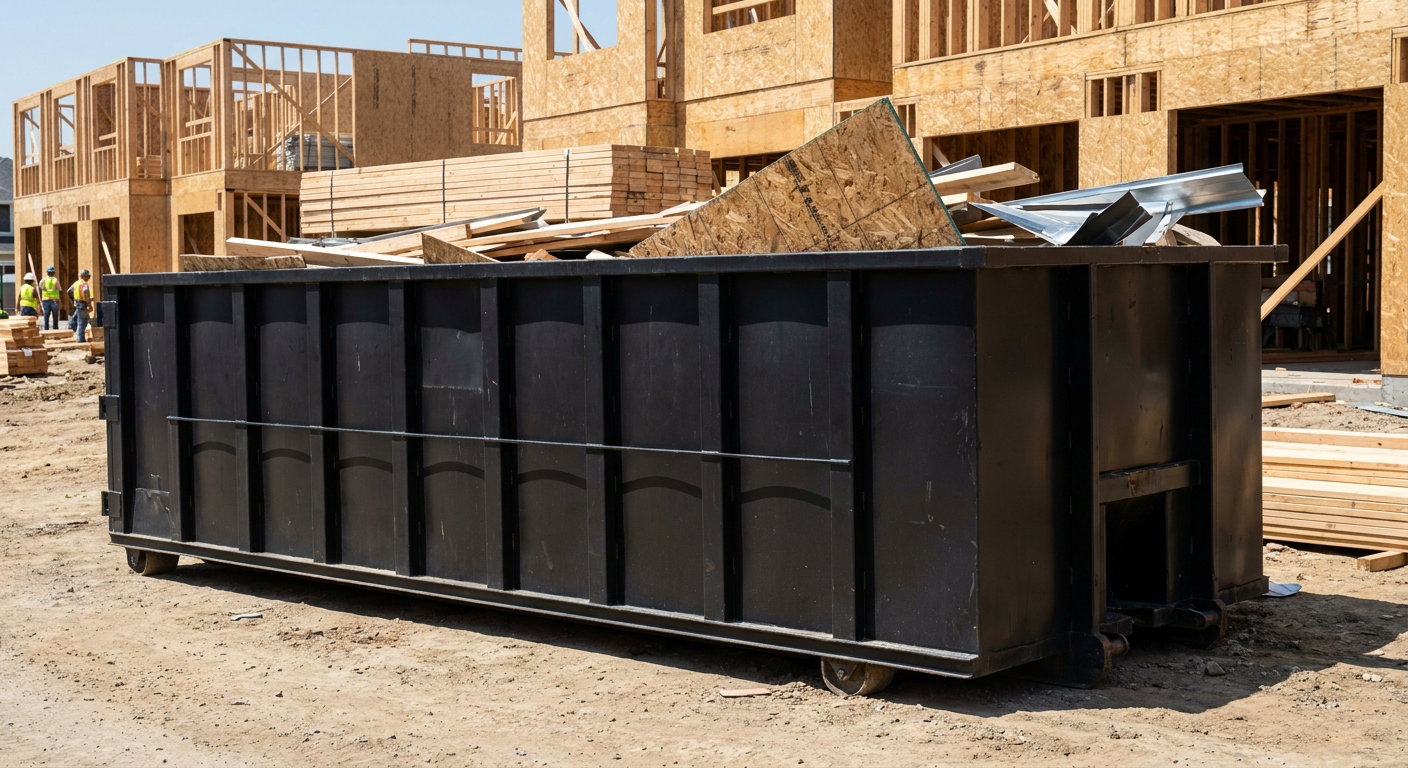 Matte-black 40-yard roll-off construction dumpster being lowered from a white-cab hooklift delivery truck onto the compacted-dirt jobsite at a commercial build site in Gulfport