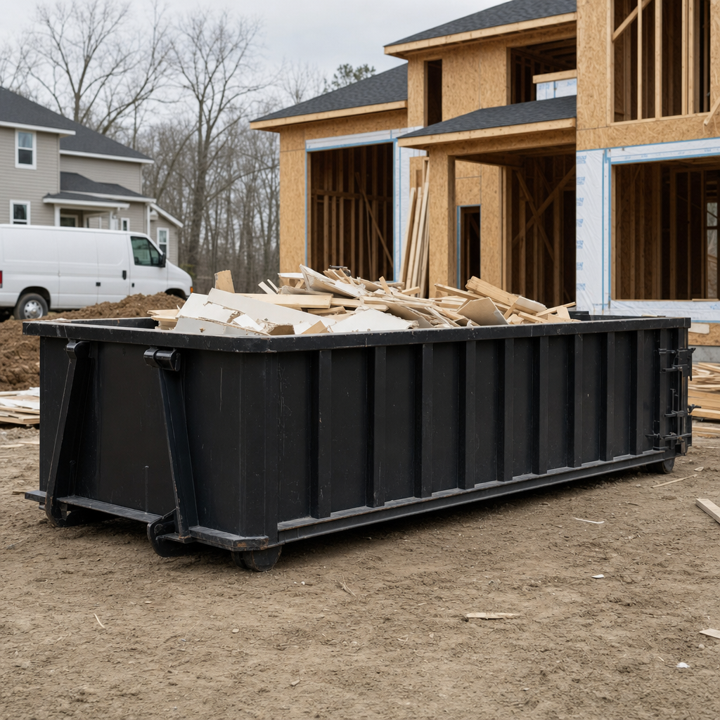 Worker in a yellow high-visibility vest tossing framing lumber and broken drywall into a matte-black 30-yard construction roll-off dumpster on an active build site in Gulfport, bright daylight