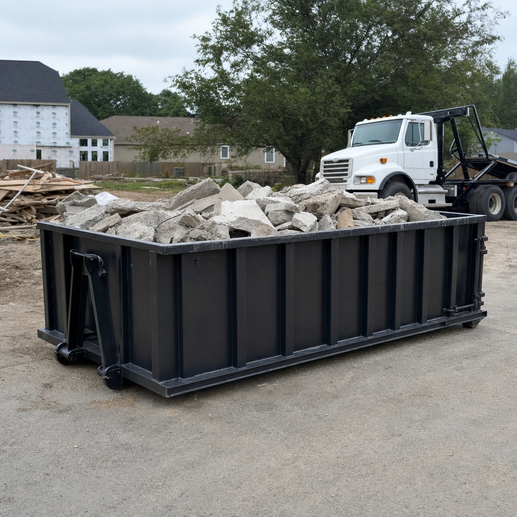 Low-profile matte-black lowboy roll-off dumpster loaded with broken concrete slab and rebar at a foundation tear-out in Gulfport, skid steer parked beside it, sunny Colorado morning