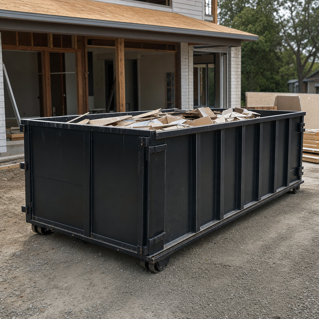 Large matte-black 30-yard construction roll-off dumpster at an active Gulfport jobsite, steel-gray top rails and bottom rollers visible, loaded with construction debris.
