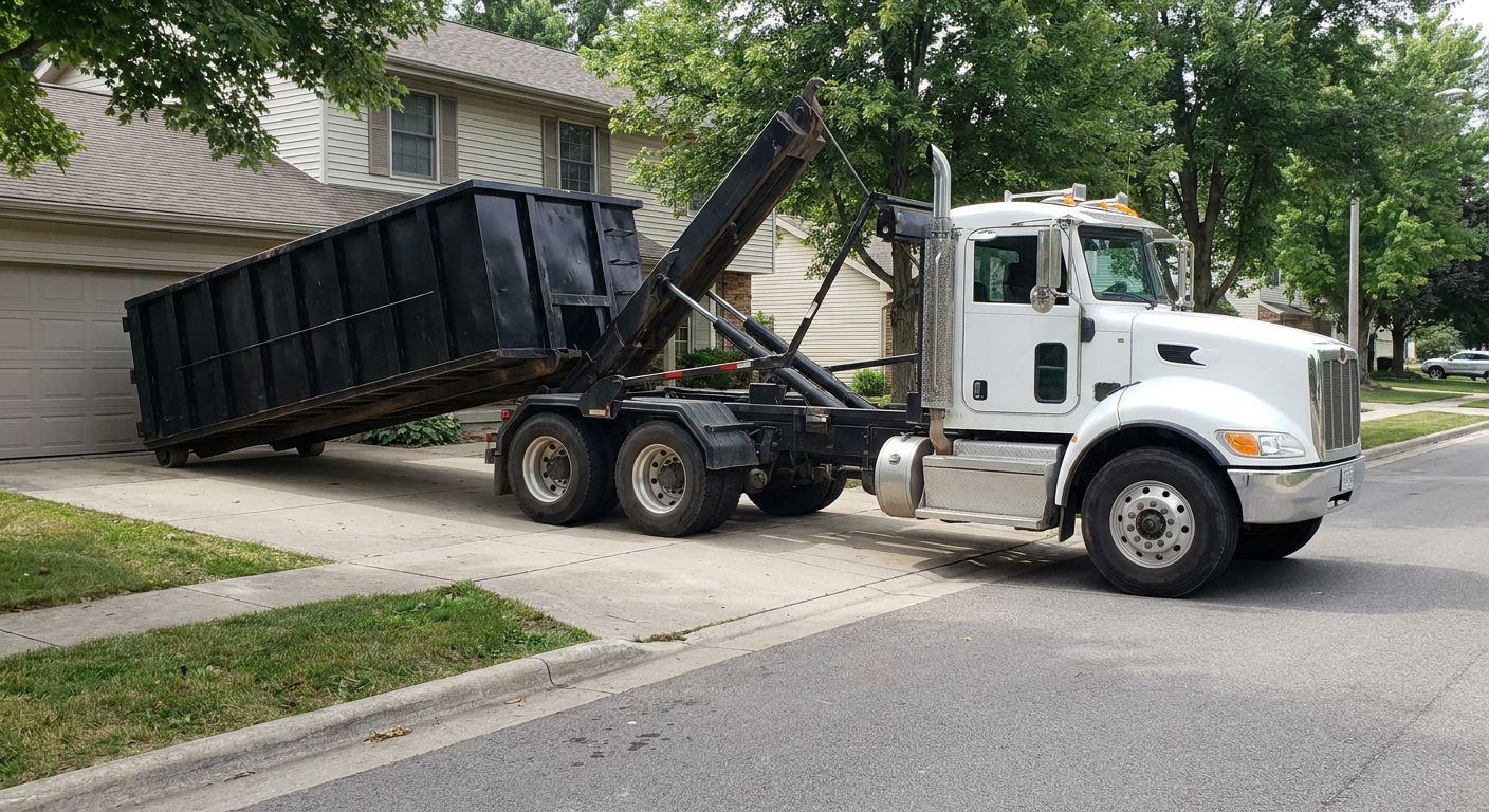 White-cab hooklift roll-off truck actively lowering a matte-black dumpster onto a Gulfport residential concrete driveway, the dumpster's rear wheels touching the driveway as the hoist arm tilts the bed forward, mid-morning daylight.