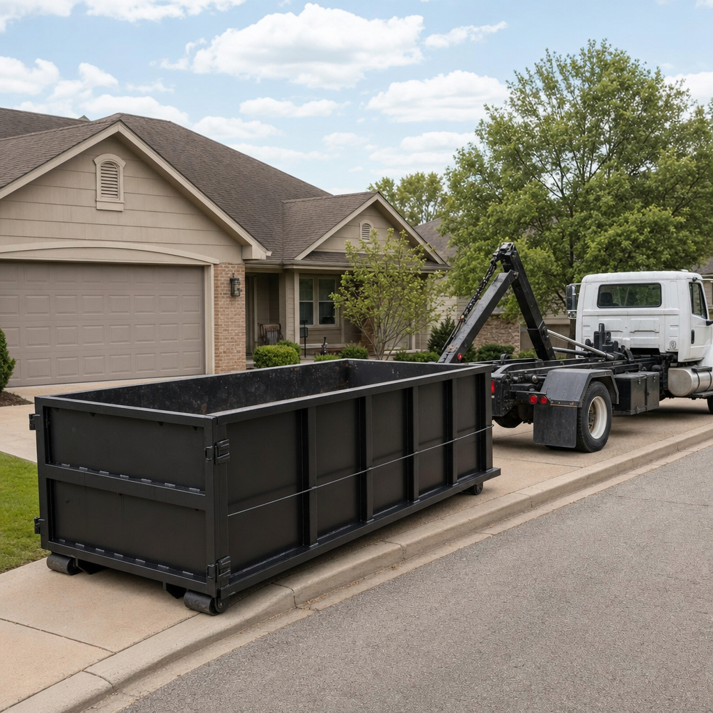Wide documentary shot of a matte-black roll-off dumpster on a Gulfport residential driveway in the foreground and a contractor jobsite container in the soft-focus background, bright daylight, calm and orderly composition.