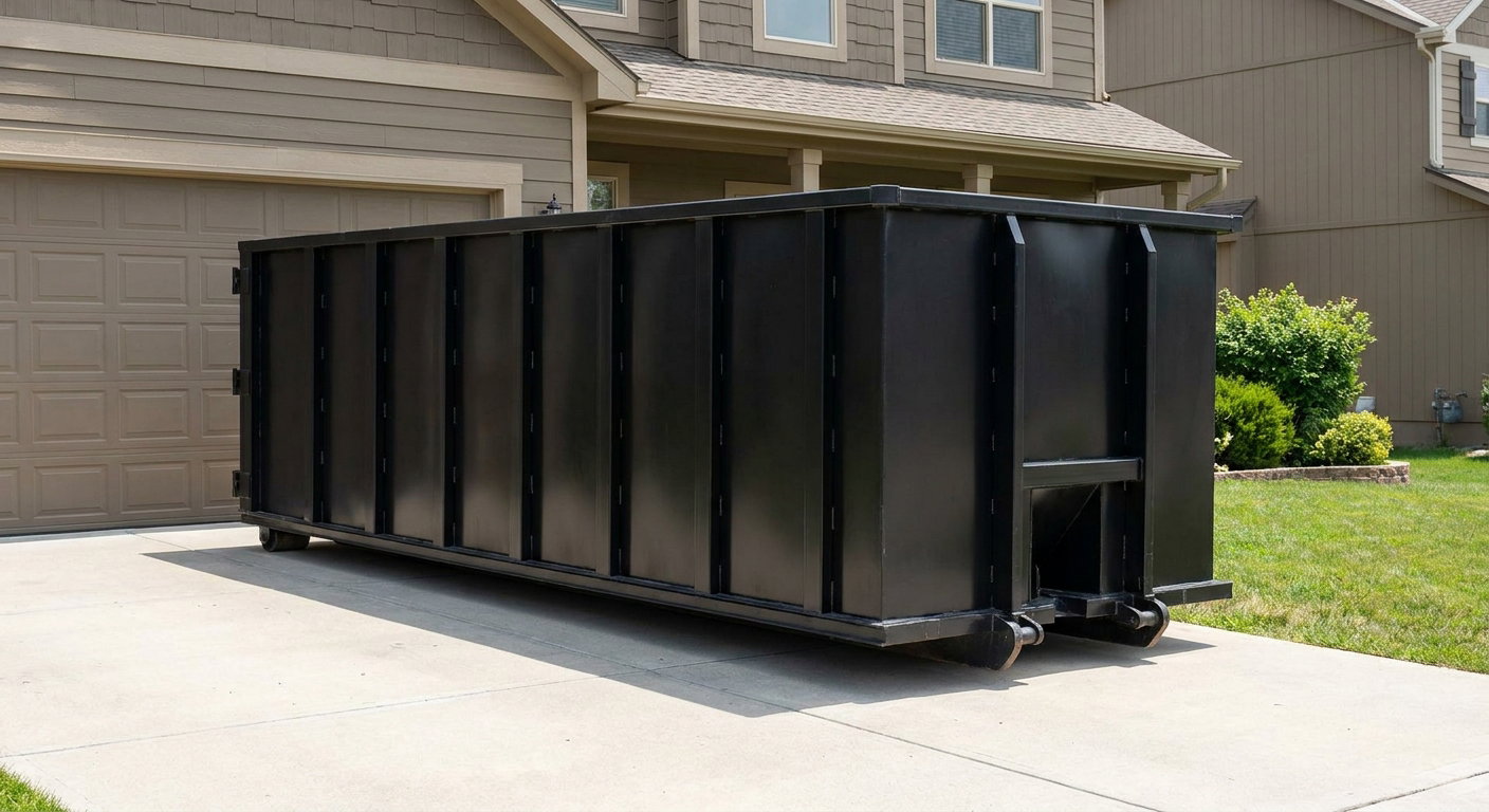 Matte-black residential roll-off dumpster sitting directly on a suburban Gulfport concrete driveway, garage door closed, single-family home in background, bright morning daylight.