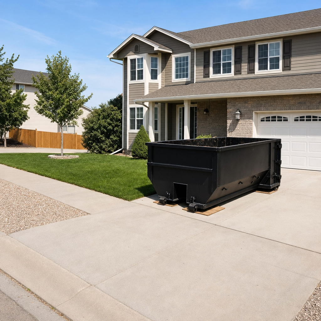 10-yard matte-black residential dumpster placed directly on a narrow Gulfport concrete driveway, room remains for a parked sedan beside it, mid-morning natural light