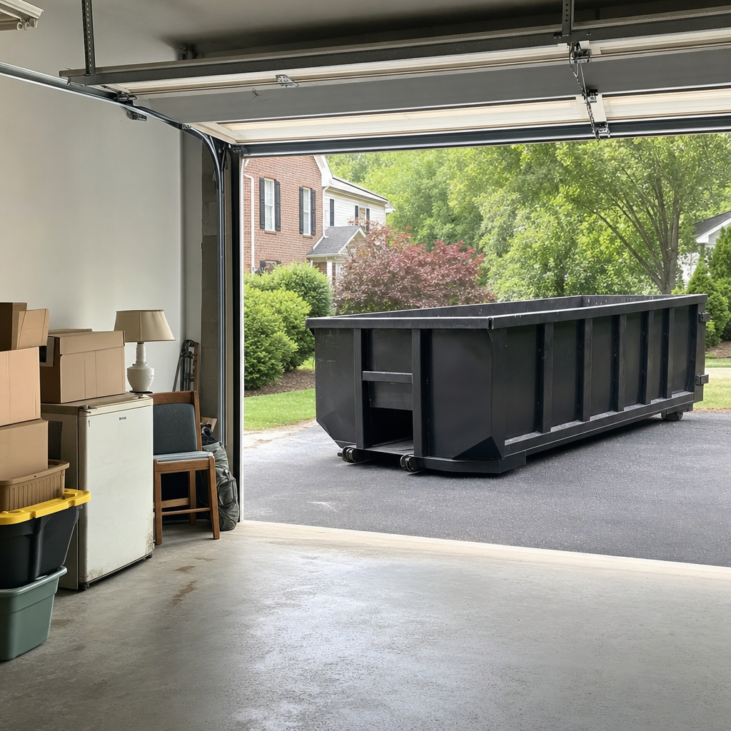 Open garage interior in a Gulfport home mid-cleanout — boxed items, an old appliance, and stacked yard tools queued near the driveway for a matte-black roll-off dumpster, organized and calm