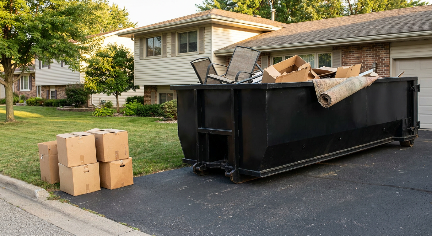 Front-yard view of a Gulfport split-level home with a 20-yard matte-black roll-off dumpster sitting directly on the asphalt driveway, a few clearly labeled donation boxes staged at the curb, calm sunny afternoon.