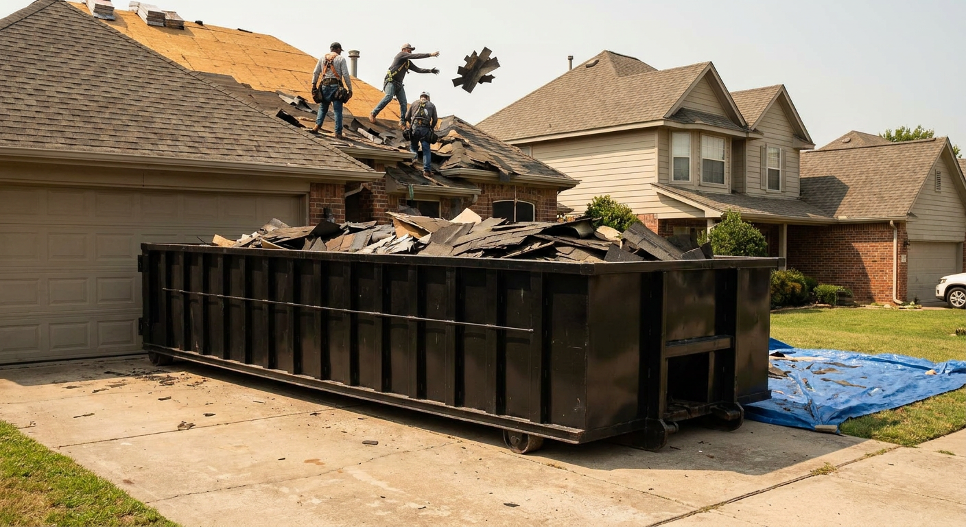 Matte-black roofing roll-off dumpster placed directly on a Gulfport residential concrete driveway, a tear-off crew on a two-story asphalt-shingle roof tossing shingle bundles into the low-walled container, bright daylight, documentary 35mm perspective.