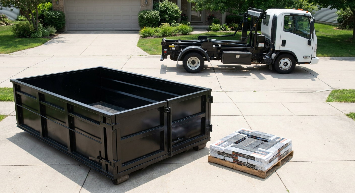 Matte-black 15-yard roofing roll-off dumpster with reinforced low side walls sitting directly on a Gulfport residential concrete driveway, three-tab asphalt shingle bundles stacked nearby, an unmarked white hauler truck partially visible at the edge of the frame.
