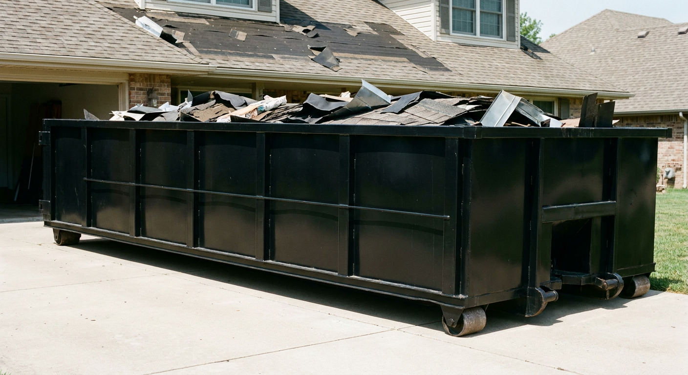 Matte-black 20-yard roofing roll-off dumpster with steel ribbed sides and swinging rear door, sitting directly on the concrete driveway of a two-story Gulfport home, asphalt shingle debris being loaded over the low wall, clean documentary lighting.