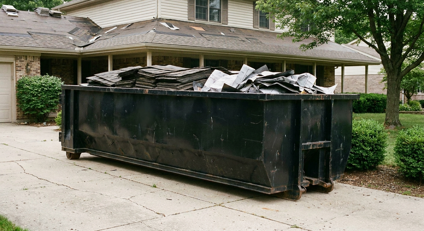 Matte-black 30-yard roofing roll-off dumpster sitting directly on a Gulfport concrete driveway, taller ribbed steel side panels, mixed tear-off debris of asphalt shingles and underlayment inside, professional documentary daylight.