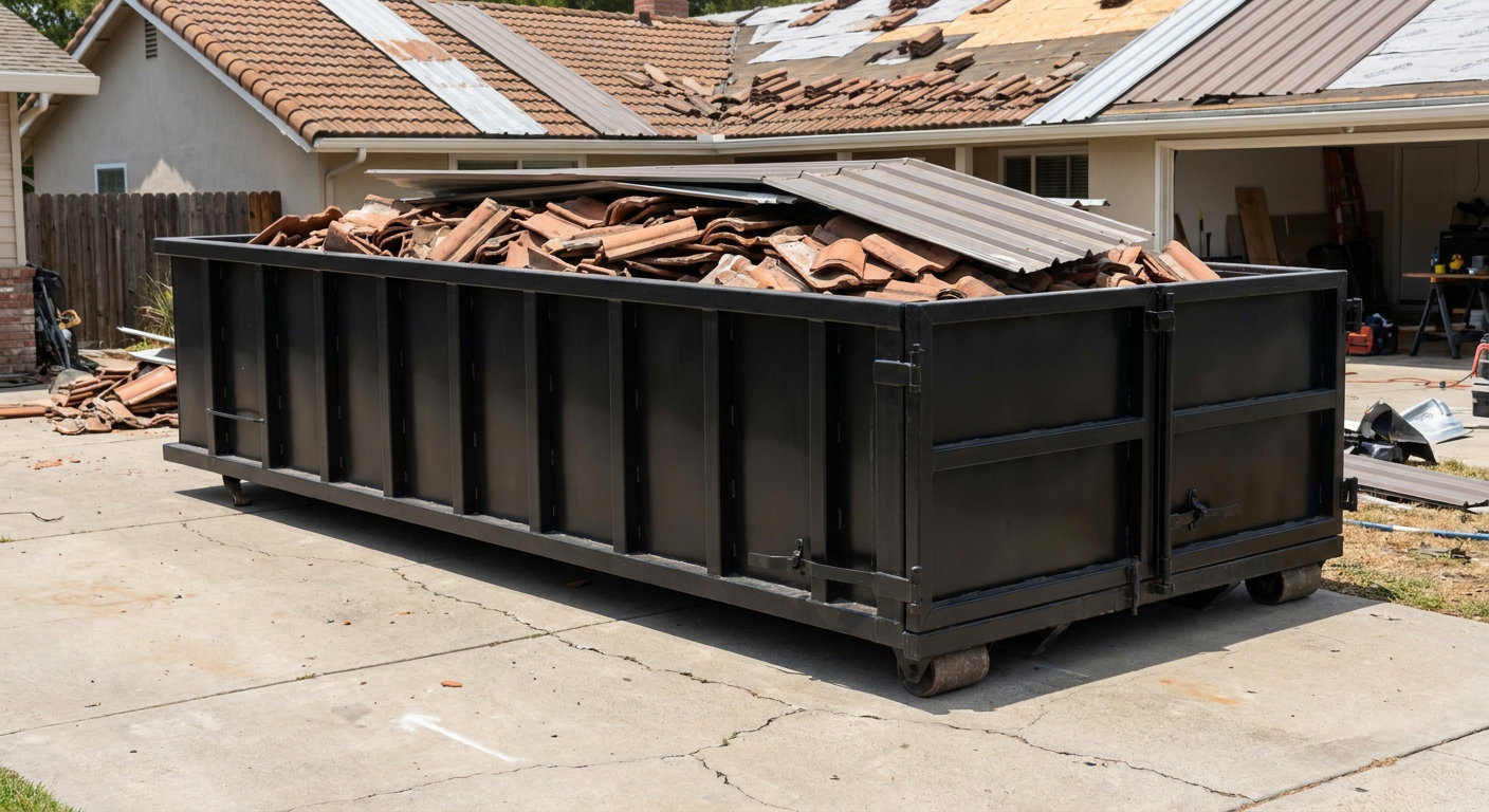 Matte-black low-wall heavy-debris roofing roll-off dumpster sitting directly on a Gulfport concrete driveway, broken concrete clay roof tiles and metal panel sections loaded inside, reinforced ribbed steel side walls visible, bright outdoor daylight.