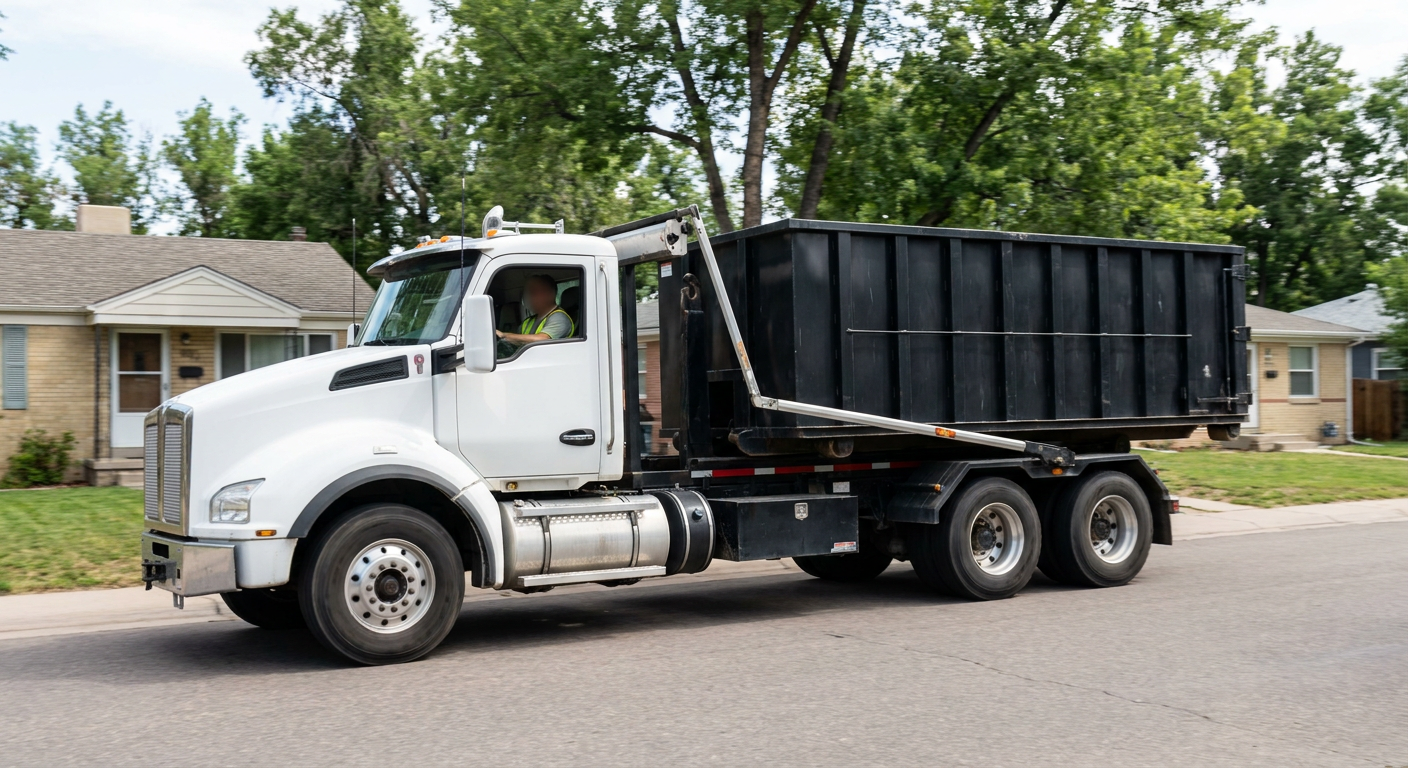 A wide documentary shot of a matte-black roll-off delivery truck pulling onto a quiet Gulfport residential street at mid-morning, with neighborhood rooftops and tree-lined blocks visible behind, showing the metro coverage footprint.