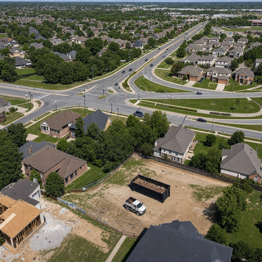 An overhead documentary view of the Gulfport metro area at midday, showing the spread of neighborhoods, arterial roads, and the dispatch radius from a central yard — clean daylight, organized geographic layout.