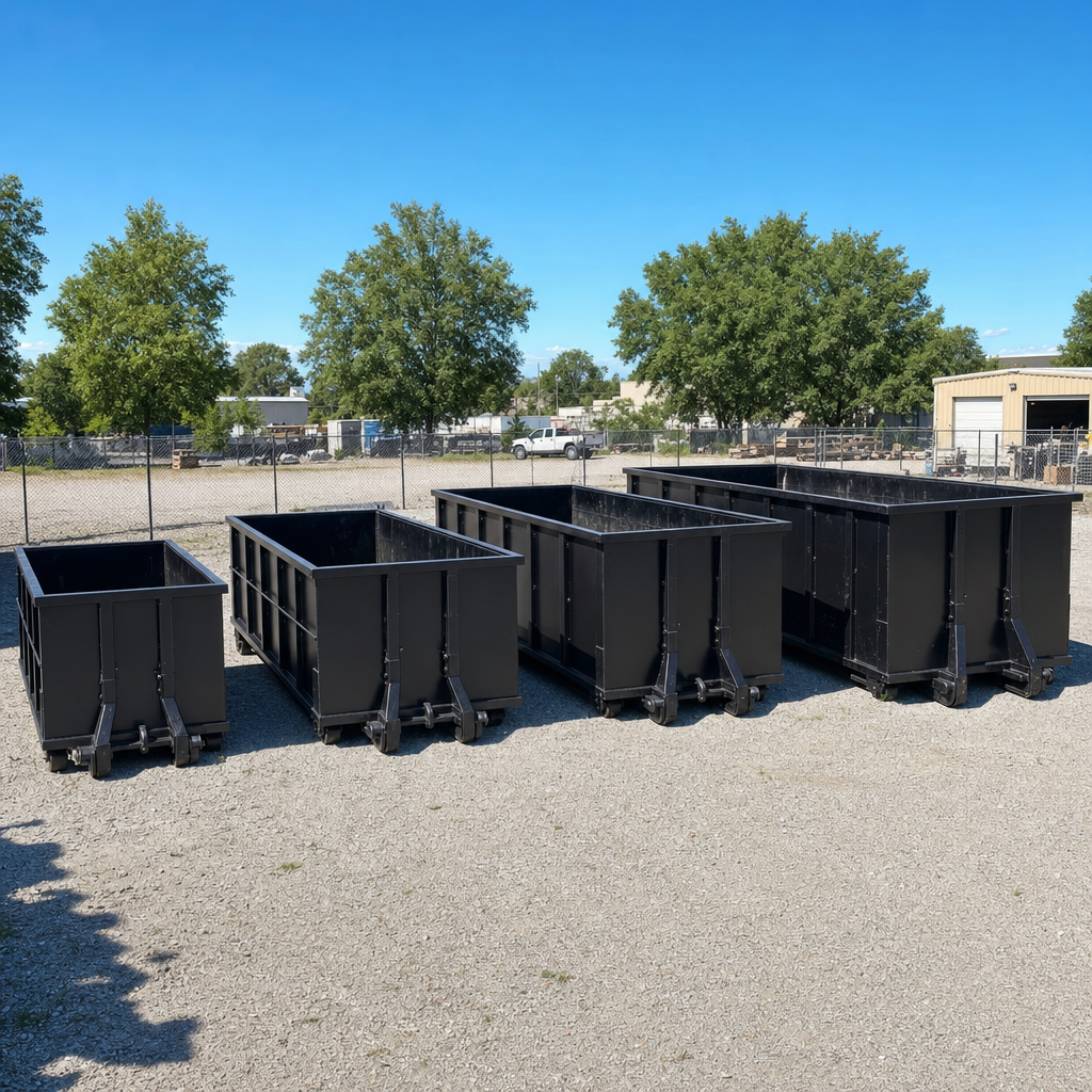 A clean lineup of matte-black roll-off dumpsters in 10, 20, 30, and 40-yard sizes staged on a sunlit gravel yard in Gulfport, showing the size progression from compact to commercial-scale containers.