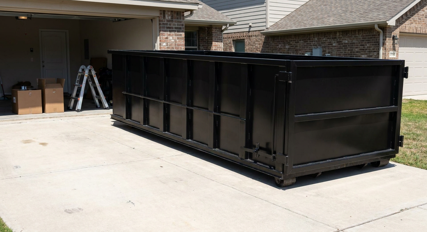 A matte-black 10-yard roll-off dumpster sitting directly on a residential Gulfport concrete driveway, mid-day sunlight, clean and ready for a garage cleanout.