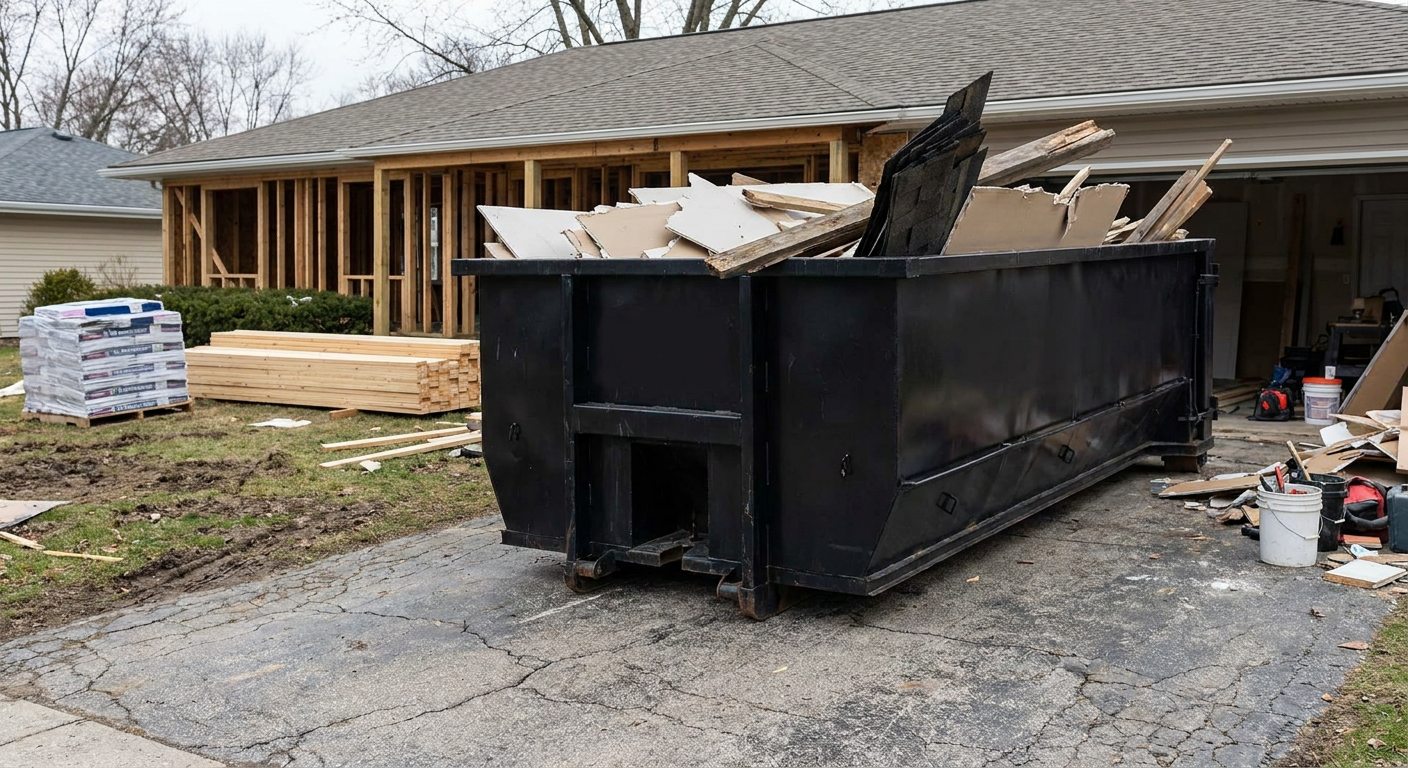 A matte-black 20-yard roll-off dumpster placed alongside a mid-renovation Gulfport home directly on the asphalt driveway, with framing materials and torn-off shingles staged neatly nearby.