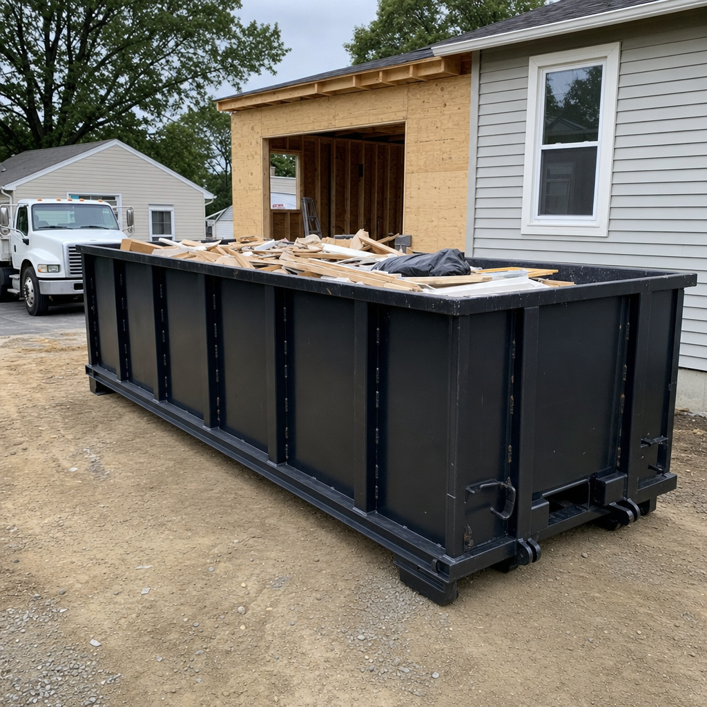 A matte-black 30-yard roll-off dumpster positioned at a Gulfport residential addition jobsite, with framing lumber and drywall scraps loaded through the open swinging rear doors.