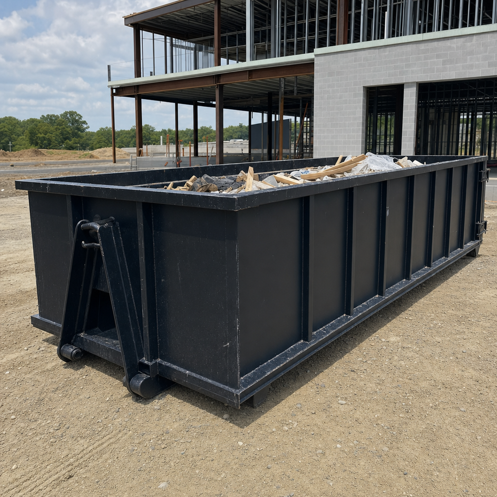 A matte-black 40-yard roll-off dumpster staged on a large Gulfport commercial construction lot, with a hooklift delivery truck parked alongside under bright midday sky.