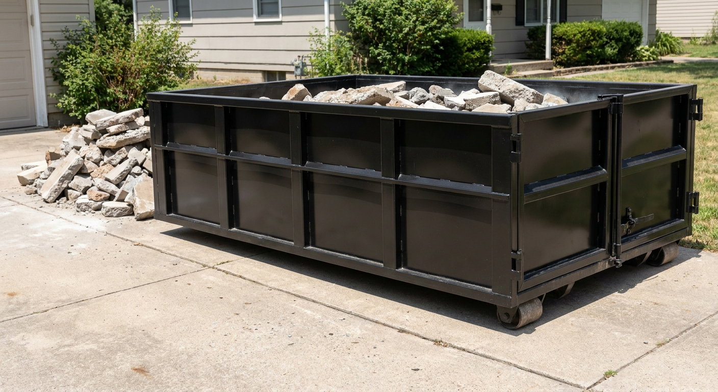 A matte-black low-side heavy-debris roll-off dumpster placed directly on a Gulfport concrete driveway, with broken concrete chunks neatly stacked beside it under clean daylight.